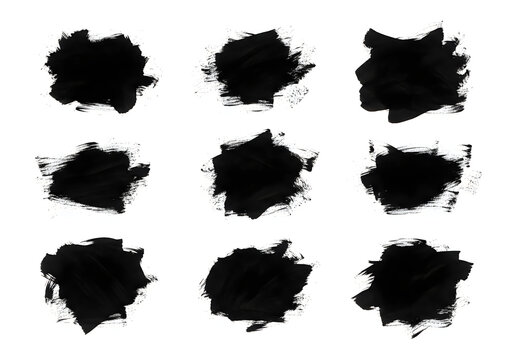 Set of Nine Black Paint Splatter Brush Strokes on White Background
