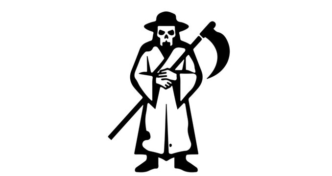 Minimalist black and white graphic representation of death as a reaper figure wearing a flat hat and holding a large scythe.