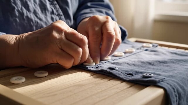 Sunlight pours into a cozy workspace where skilled hands carefully attach buttons to a piece of blue fabric. This scene captures the beauty of craftsmanship and dedication.