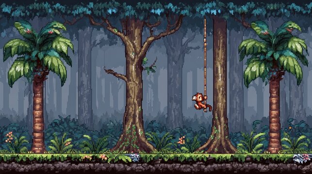 Classic 16-bit Jungle Scene with Swinging Monkey Surrounded by Dense Forest Environment