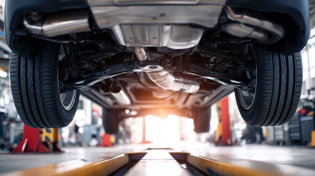 Underneath a vehicle in a mechanic's workshop, showcasing tires and exhaust system.