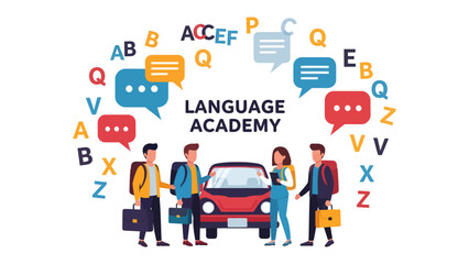 Language Learning Adventure: Students gather around a car, surrounded by alphabet letters and speech bubbles, ready to embark on a language learning journey at an academy. © abidakhatun