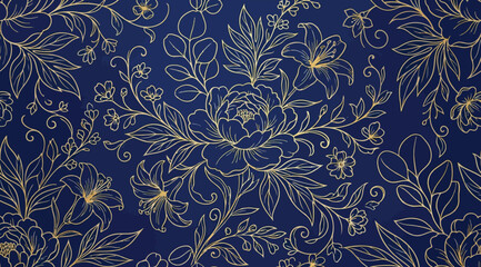 Seamless floral pattern with golden peony flowers on deep blue background © S.Siam