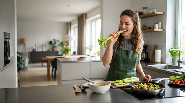 Young woman eating fresh celery while cooking dinner in a bright kitchen