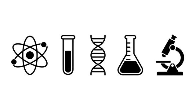 Science laboratory equipment and symbols icons set including microscope and atom model