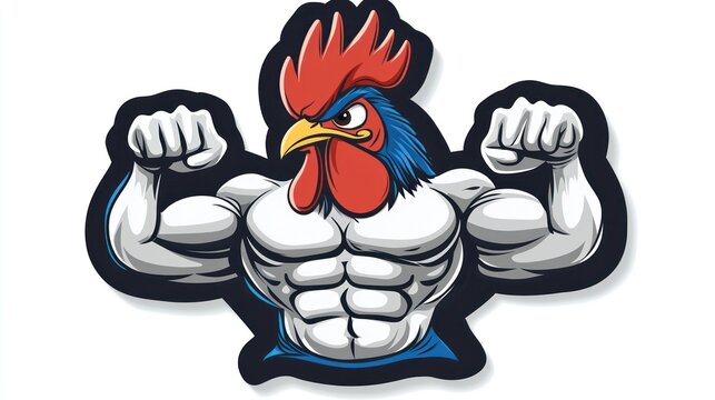 Cartoon rooster flexing muscles, graphic design, digital art, possible use for sticker or apparel