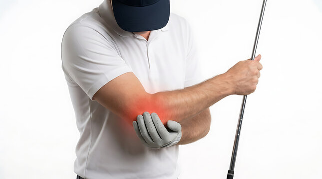 Golfer's Elbow Pain. Man with sports injury holding painful elbow. Tendinitis, rehabilitation, and physical therapy concept.