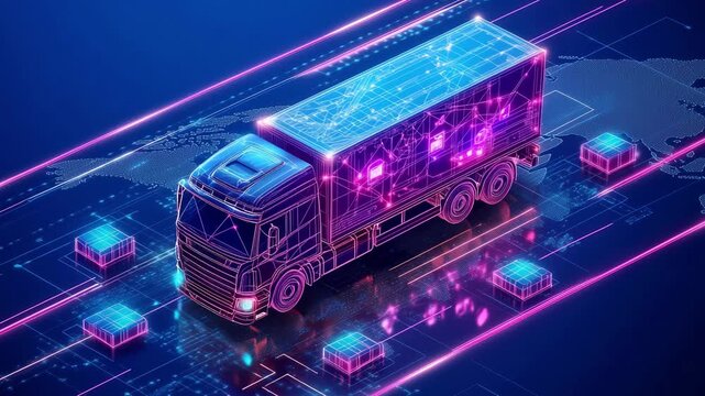 Animated graphics display a truck moving along digital roads with packages being delivered in a futuristic setting