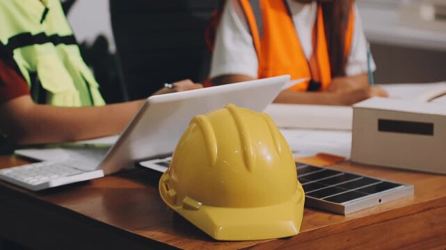 Two engineers are analyzing blueprints and working on a laptop in their office container, discussing the progress of their construction project