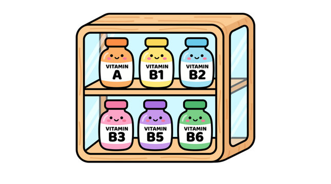 Illustration of vitamins arranged in a cabinet, featuring bottles labeled Vitamin A, B1, B2, B3, B5, and B6