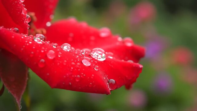 Close up of vibrant red rose petal covered with morning dew drops.