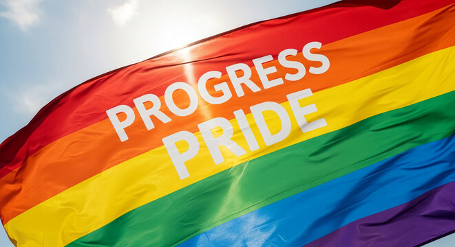A rainbow flag with the words "Progress Pride" printed in white, flying against a bright sky, symbolizing LGBTQ+ rights, inclusion, and advocacy