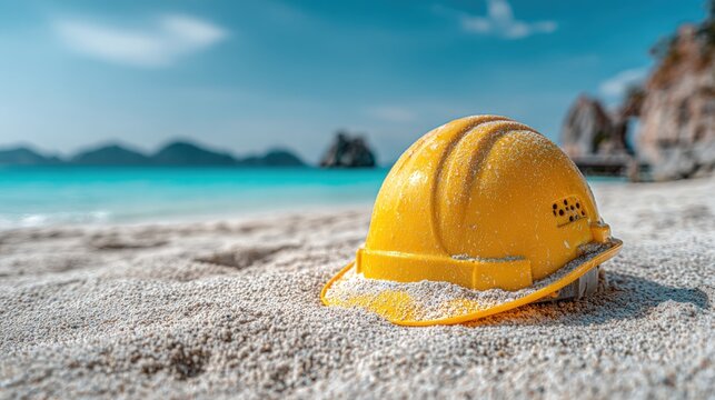Yellow construction hard hat resting on a tropical sandy beach with turquoise ocean water.