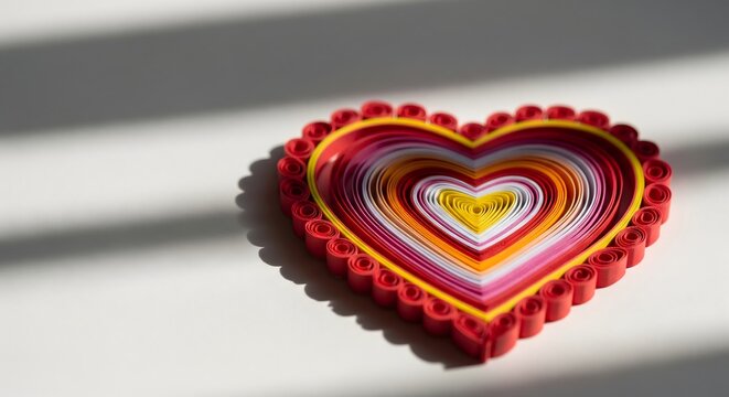 A beautifully crafted quilled paper heart, showcasing vibrant colors and intricate rolled patterns, casting a soft shadow on a white surface.