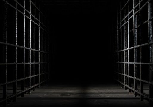 Heavy metal bars cast deep shadows in a confined, oppressive space, suggesting entrapment and foreboding secrecy ,distress ,foreboding ,cold