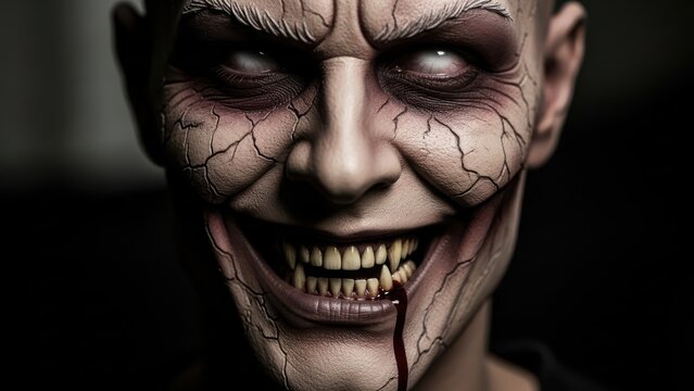 An Undead Being with a Sinister Smile and Cracked Skin Texture Emerging from Darkness