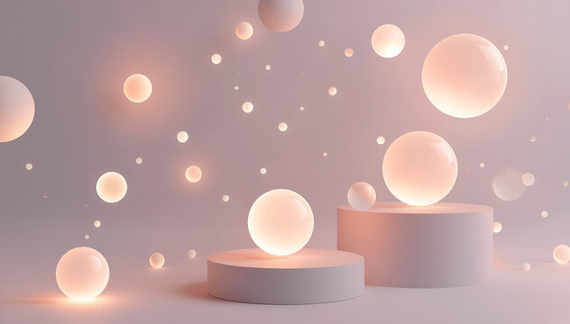 Abstract floating glowing orbs in balanced composition, soft lighting