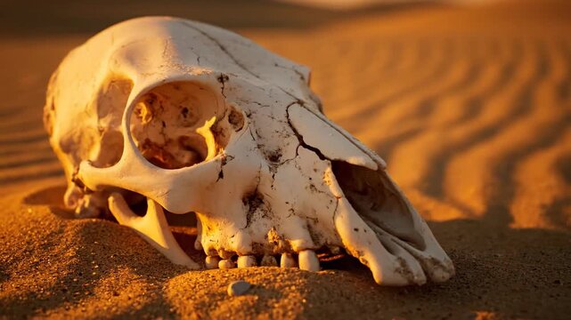 A dry animal skull rests in soft sand dunes with wavy textures during a warm sunset creating a desolate mood