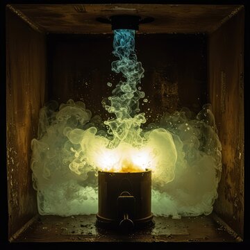 Highly volatile liquid chemicals reacting violently, stored inside a heavily rusted industrial container, emphasizing the intense danger of explosive fuel ,industrial ,hazardous ,fuel