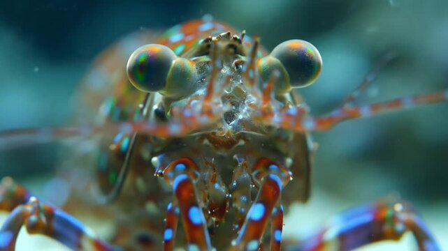 Close up portrait of a colorful peacock mantis shrimp underwater.