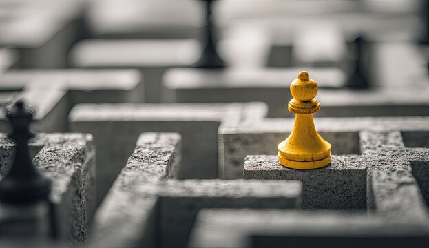 A lone yellow chess piece navigates a maze of gray concrete walls