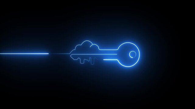  Glowing Neon Blue Cloud Key Icon, Concept of Cloud Security, Data Encryption, and Online Access Authentication Animation