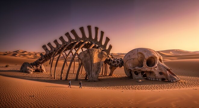 Giant ancient monster skeleton and skull in a vast desert landscape