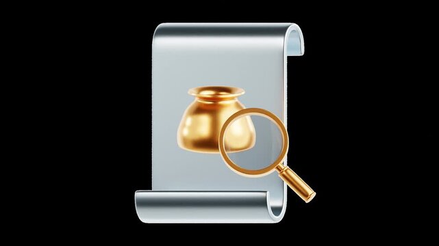 orbiting magnifying glass over scroll with gold pot icon revealing transparent background