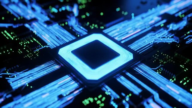 Extreme close-up overhead video of a dark, futuristic circuit board, pulsing CPU with blue/violet light, glowing neon lines, and flickering green/cyan lights, concept of AI.