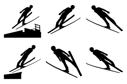 Silhouette sequence of ski jumper on ramp and in mid-air.