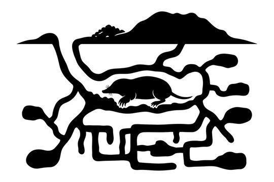 Silhouette of mole in underground tunnel with mountain landscape.