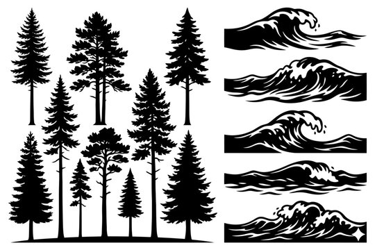 Silhouettes of pine trees and ocean waves in black and white art.