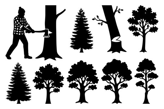 Silhouettes of trees and lumberjack cutting down tree with axe.