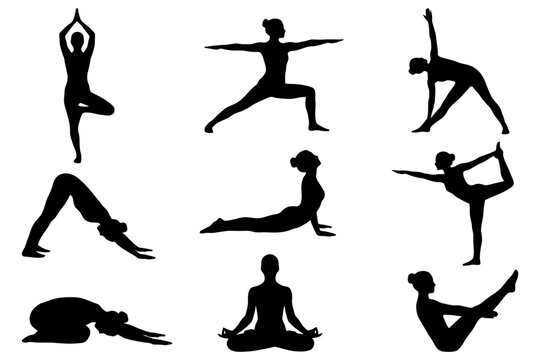 Silhouettes of women performing various yoga poses in black and white.