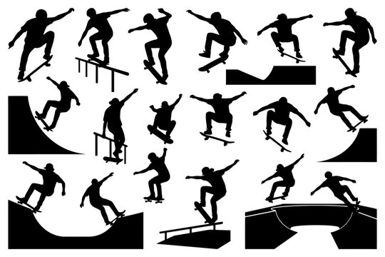 Silhouette skateboarders performing tricks on ramps and rails.
