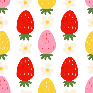 Seamless strawberry pattern with red, pink, yellow berries snd  flowers. Playful repeating background with naive hand drawn elements. Vector design for fabric, textile, and packaging.