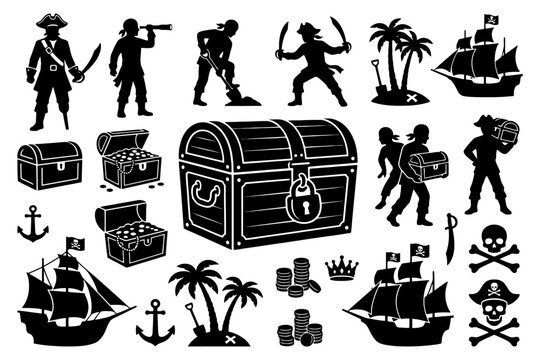 Pirate adventure silhouettes with treasure chests and ships.