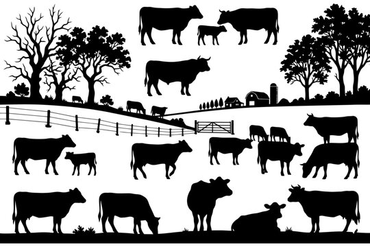 Silhouette cattle and rural landscape with trees and farmhouse.