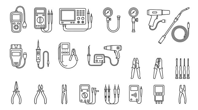 Electrical Tools Collection: A compilation of detailed line drawings showcasing a variety of essential electrical testing and repair tools, including multimeters, clamps, pliers.