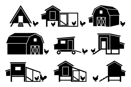 Diverse chicken coop designs with roosters and hens in silhouette.