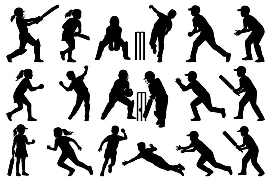 Silhouettes of young cricket players in action positions.