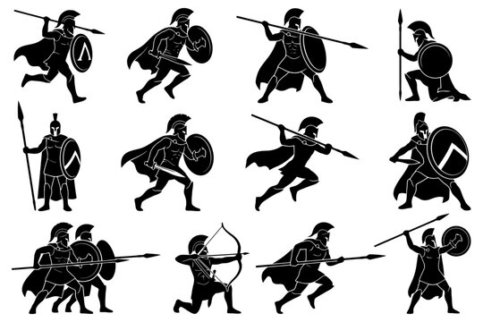 Silhouettes of ancient greek warriors in various poses with shields and spears.