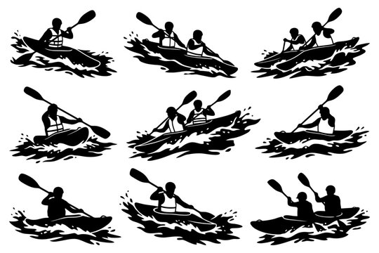 Silhouettes of people kayaking in various poses on water.