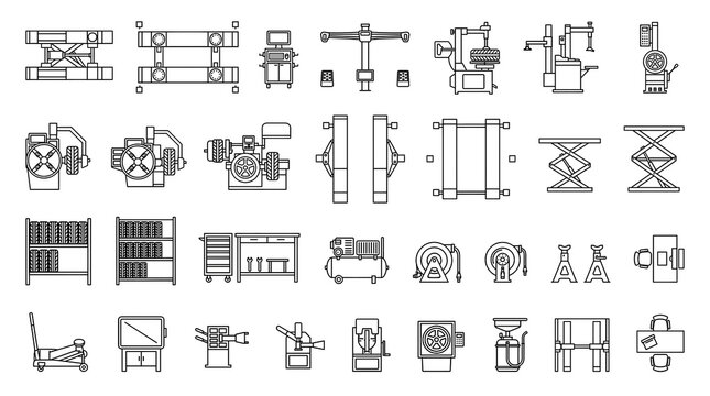 Automotive Service Equipment Line Art: A collection of technical line drawings depicting various automotive service and repair tools and equipment, showcasing their mechanical designs.