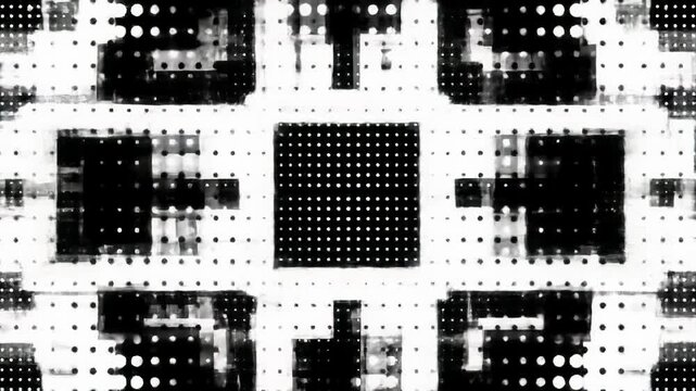 A sleek, futuristic motion graphics animation featuring minimalist abstract geometric patterns fluidly transitioning white/black squares with dots in a slow push-in video. High-tech digital interface