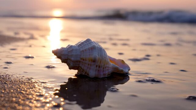 Seashell on beach at sunset ideal for eco-friendly campaigns and travel vlogs