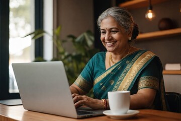 Fototapeta premium Woman smiling using laptop indoors.