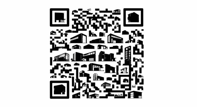Abstract QR code with architectural building silhouettes