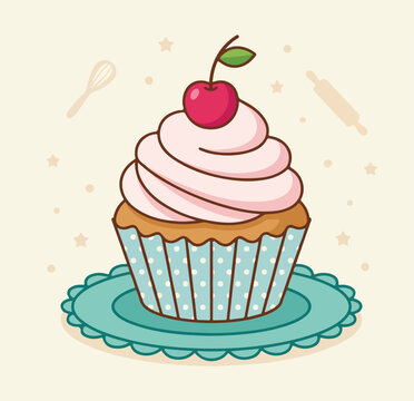 Delicious sweet cupcake with cherry topping isolated on white background