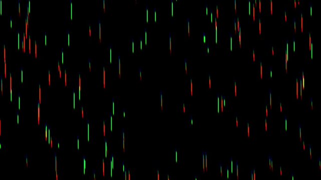 Multi colored pixelated light particles falling down animation on black background